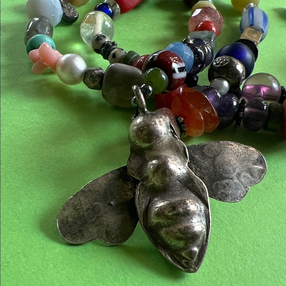 Colorful Beaded Necklace with Silver Bee Pendant - Picture 3 of 6